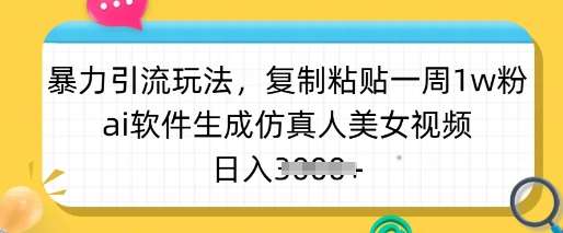 暴力引流玩法，复制粘贴一周1w粉，ai软件生成仿真人美女视频，日入多张插图