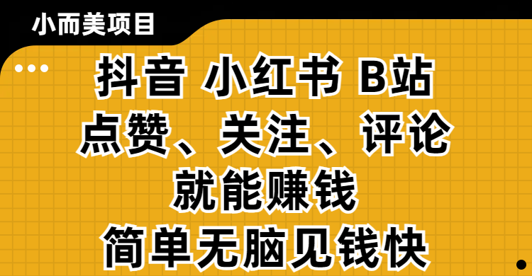 小而美的项目，抖音、小红书、B站视频点赞、关注、评论就能赚钱，简单无脑立见收益！妥妥的零撸项目插图